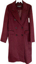 Karl Lagerfeld Paris Double Breasted Wool Blend Midi Coat BURGUNDY S SMALL NWOT