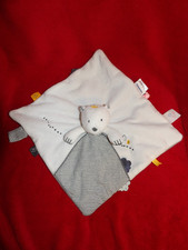 Doudou Plat Attache Tétine Noukie's Ours Sam Blanc Gris Couronne Jaune