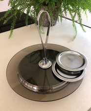 Plateau à fromage LETANG REMY inox et verre fumé vintage 70 + dessous bou