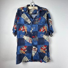 Vintage Pierre Cardin Rayon Retro Hawaiian Shirt Medium Barbecue  Pattern Blue