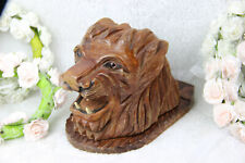 Vintage Mid century Wood carved lion panther head cigarettes cigar cave box 
