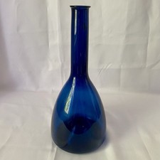 Tall Methylene Blue Glass Vase – 12.25” Flask Shape, Thin Neck – Vintage Style