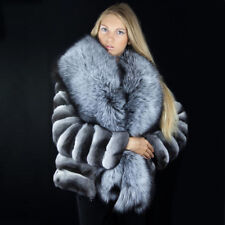 Women Real Chinchilla Outwear Rex Rabbit Fur Coat Jacket Fox Fur Collar Overcoat