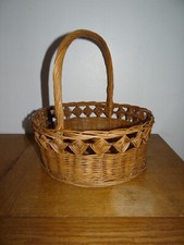 Pretty Antique Wicker Braided Rattan Geometric Pattern Openwork Basket