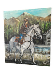 ANCIEN TABLEAU TOILE PEINTURE SIGNÉ LE CAVALIER SUR SON CHEVAL BLANC SANS CADRE 