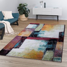 Tapis De Salon Poils Ras Look Vintage Géométrique Abstrait Crème Rouge