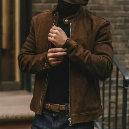 Homme marron daim cuir veste - marron,