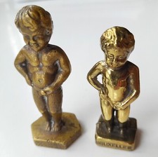 Pair Tiny Little Famous MANNEKEN PIS Statues-Marked BRUXELLES.H-7.5/6.5cm/W-130g