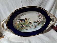 LARGE LIMOGES PORCELAIN DISH DECOR BLUE OVEN DUCKS GOLD TRIMED 