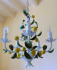 OLD ITALIAN CANVAS CHANDELIER PAINTED WITH LEMONS 5 LAMPS YEARS 50-70