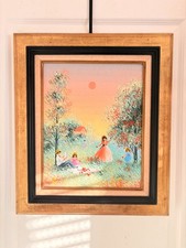 Tableau Peinture Huile Cadre DELF Signé Frey Cerisiers Familles Champêtre Soleil