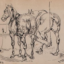 Joseph Simon Volmar Horses at Watering Potion Unique Ink Drawing 1853