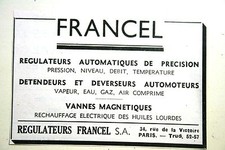 1947 Pub Ad Paris Oil Heating, Regulator, Francel Rue de la Victory