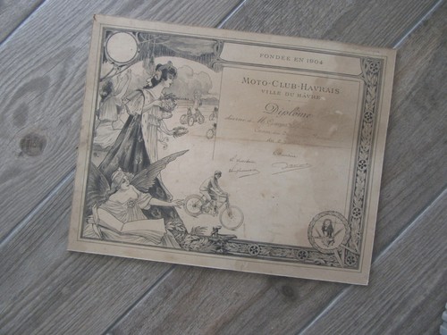 Rare diplome 1905 moto club - rare,