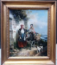 Tableau Ancien École Italienne 19 Ème Siècle Scène De Vie Enfants Âne Chien