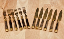 Vintage dessert forks and knives, vermilion brass wood, S.DUNGER IN STEYR
