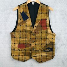 VTG Gilet Veste Homme 39/40 Marron Noir Grille Cuir Patchwork Doublé Col V