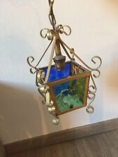 Antique ceiling lamp chiseled brass colored stained glass