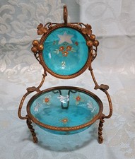 antique blue brass and glass pocket watch holder, ring ring, floral decor