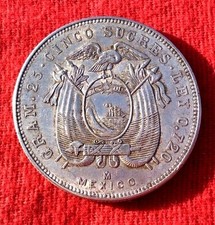 MONNAIE ANCIENNE EN ARGENT 5 SUCRES EQUATEUR 1943 M  MEXICO 