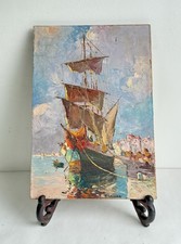 Antique Oil Painting on Wood Signed Cermak Karel Marine Boat 1930