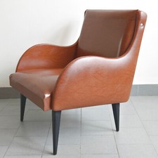 VINTAGE 1960 FRENCH FAUX LEATHER HAVANA & BLACK LACQUER WOOD ARMCHAIR 60S 1960S