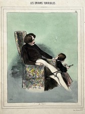 Papa cane wardrobe LITHOGRAPH Aubert GAVARNI terrible children 19th century