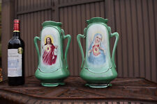 Antique Belgian NIMY pottery faience Vases portrait sacred heart jesus mary set