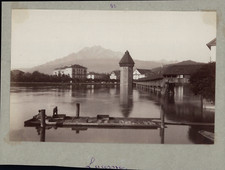 Switzerland, Lucerne, The Wooden Bridge and the Kapellbrücke Tower. Vintage Albumen Print.