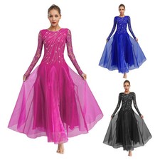 Women Costume Samba Flared Dress Waltz Dresses Lace Rhinestones Flamenco Wide
