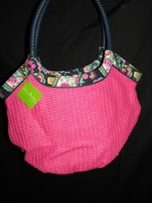 NWT Vera Bradley PINK Straw Bucket Tote Paisley Beach bag faux leather weekend