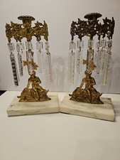 Set of 2 Antique Girandole Brass Candle holders w/ Marble base, crystal prisms 