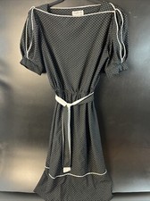 Vtg Pin Up Rockabilly Belted Black Polka Dot Dress Fit Flare Retro Sml Swing USA