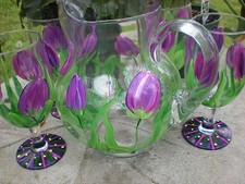 HAND PAINTED PURPLE TULIPS ROUND PITCHER/ICE  GLASSES SET(4 GLASSES)USA