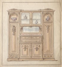 Antique watercolor study furniture cabinet dresser sideboard showcase