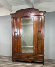 Antique French Walnut Louis XIV Parquet Armoire with Mirror & Brass Inlay, circa