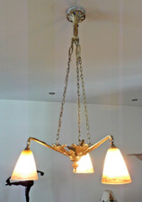 LUSTRE BRONZE TULIPES PATE DE VERRE SIGNE  DEGUE  EPOQUE ART DECO 1930