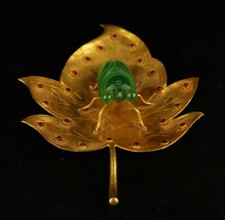 5.6" Qianlong Copper 24K Gold Inlaid Emerald Cicada Maple Leaf