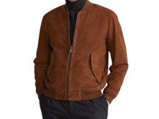 Blouson bomber en cuir daim marron pour hommes veste de mode style motard...
