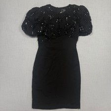 CH by Carolina Herrera Cocktail Dress Puff Sleeve Floral Sequin Black Silk Sz 8