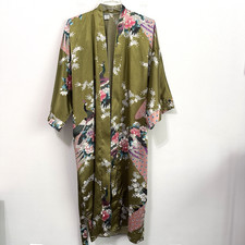 Oriental Silk Kimono Robe S/M Belted Green Peacocks Floral Romantic Satin Asian
