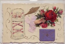Old postcard fantasy gold & sequins BIRTH TWIN BABIES added cutouts 1910