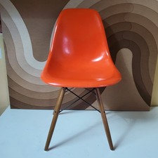 Vintage Herman Miller Eames Red Orange Side Shell Chair Walnut Dowel Base