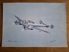 Aquarelle Ancienne Avion Potez 63 Signée Aviation Pilote 1940