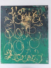 Tableau ORIGINAL Calligraphie Abstraite "LOVE" – Vert & Or – Peinture Main 50x60