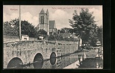 Old postcard Morigny, church founded by Louis VI and the Bridge over the June 