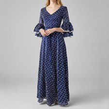 70s Maxi Dress Cottagecore Prairie Peasant Festival Boho Navy Polka Dot Ruffle