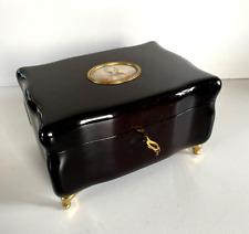 ANTIQUE MINIATURE CASKET BOX CARRILON WOOD MAHOGANY GOLDEN FEET KEY