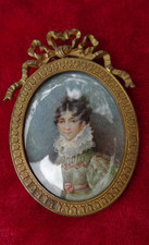 MINIATURE XIX DANS CADRE OVALE BRONZE OU LAITON GRAVE HELENE ET DATE 1893