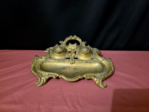 Encrier ancien métal doré - encrier,